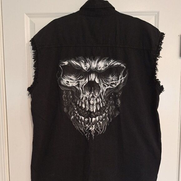 leeve Black Canyon Men’s Button Up Biker Style Cutoff Sleeve Winged Skuless 2xl - Picture 2 of 5
